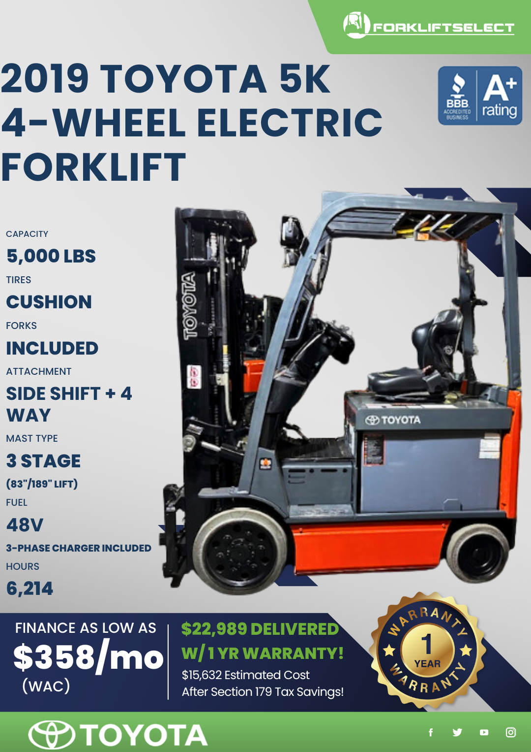 2019 TOYOTA 5K 4-WHEEL ELECTRIC FORKLIFT