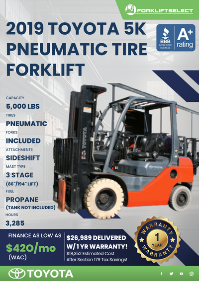 2019  TOYOTA 5K PNEUMATIC TIRE FORKLIFT