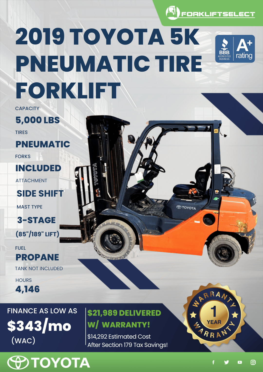 2019 TOYOTA 5K PNEUMATIC TIRE FORKLIFT