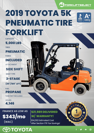 2019 TOYOTA 5K PNEUMATIC TIRE FORKLIFT