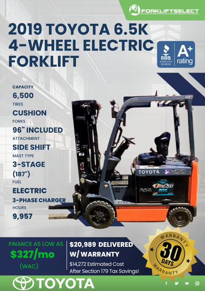2019 TOYOTA 6.5K 4- WHEEL ELECTRIC FORKLIFT