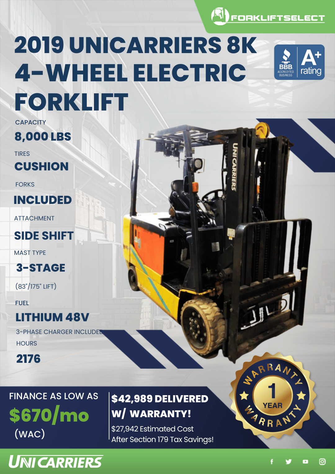 2019 UNICARRIERS 8K 4-WHEEL ELECTRIC FORKLIFT
