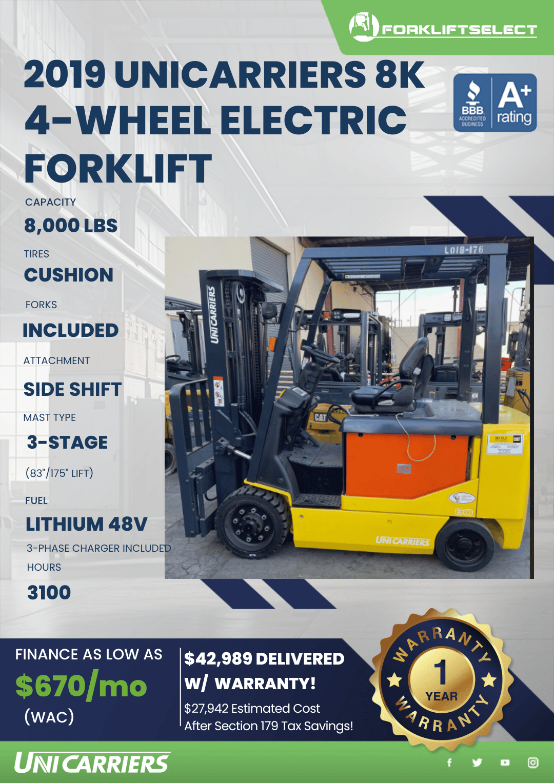 2019 UNICARRIERS 8K 4-WHEEL ELECTRIC FORKLIFT