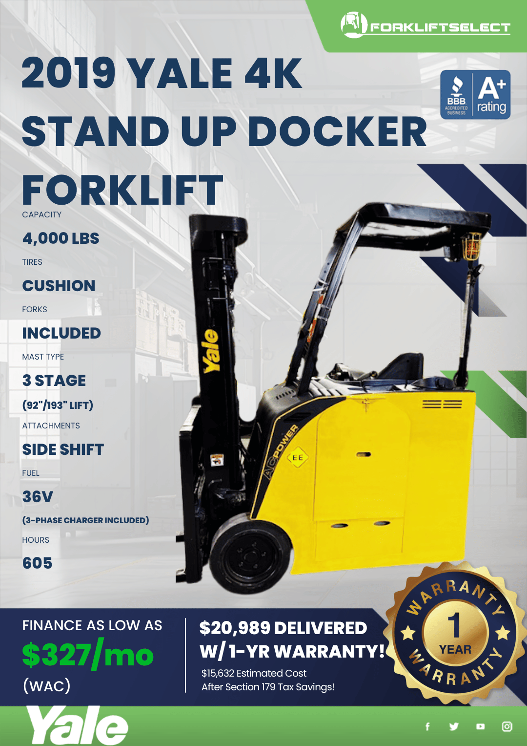 2019 YALE 4K STAND UP DOCKER FORKLIFT