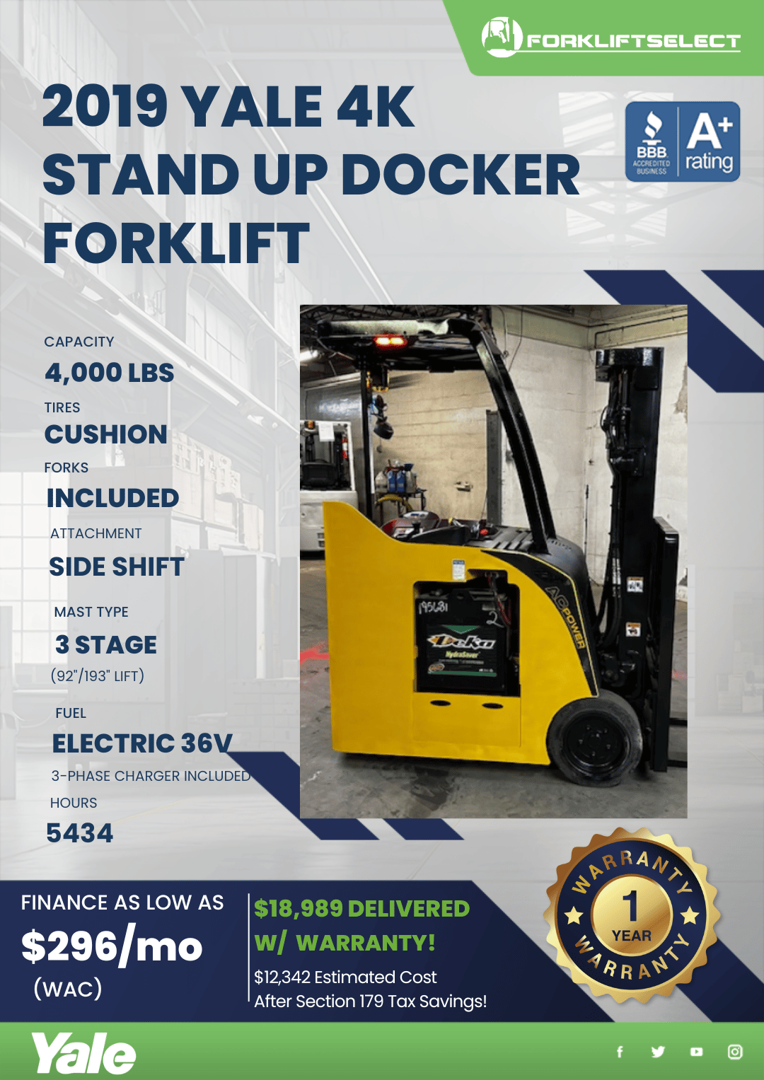 2019 YALE 4K STAND UP DOCKER FORKLIFT