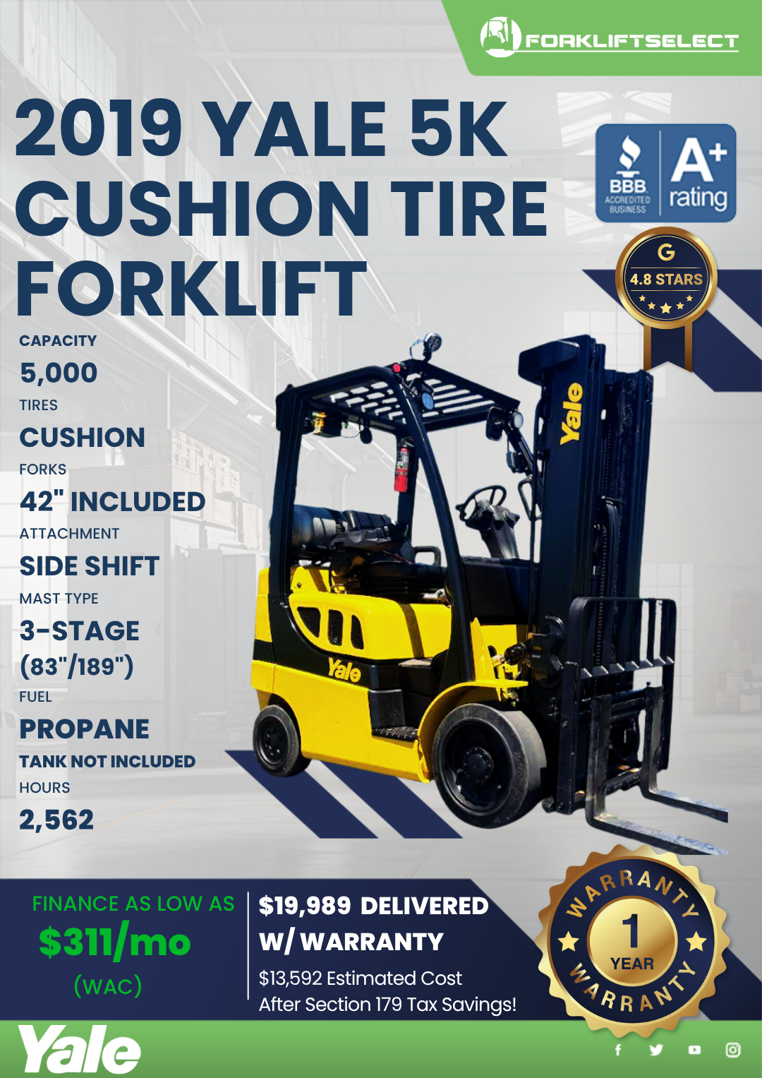 2019 YALE 5K CUSHION TIRE FORKLIFT