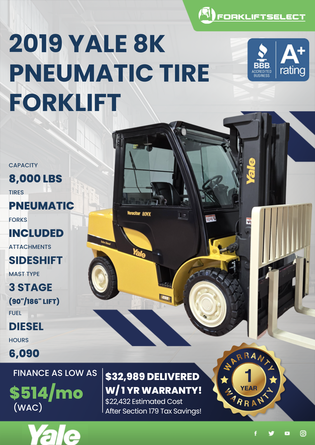 2019 YALE 8K PNEUMATIC TIRE FORKLIFT