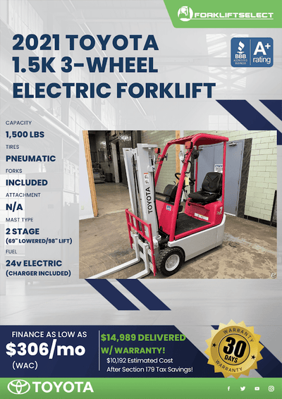 2021 TOYOTA 1.5K 3-WHEEL ELECTRIC FORKLIFT