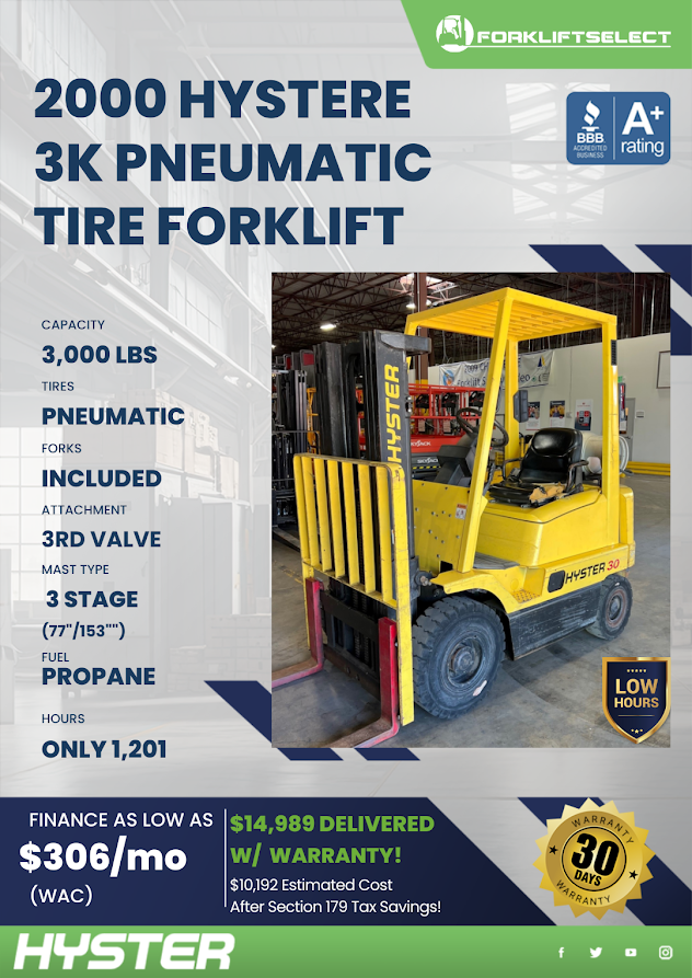 2000 HYSTER 3K PNEUMATIC TIRE FORKLIFT