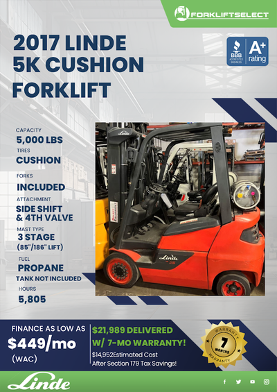 2017 LINDE 5K CUSHION TIRE FORKLIFT