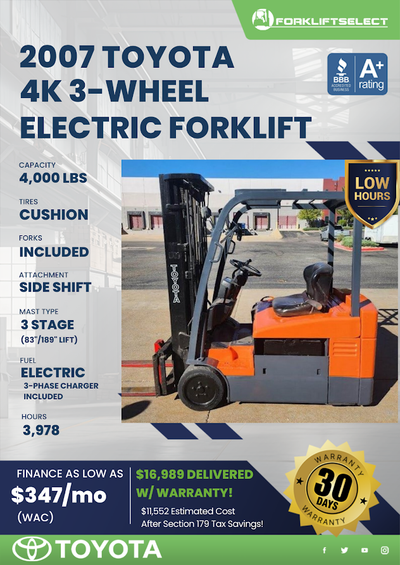 2007 TOYOTA 4K 3-WHEEL ELECTRIC FORKLIFT