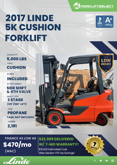 2017 Linde 5K Cushion Forklift