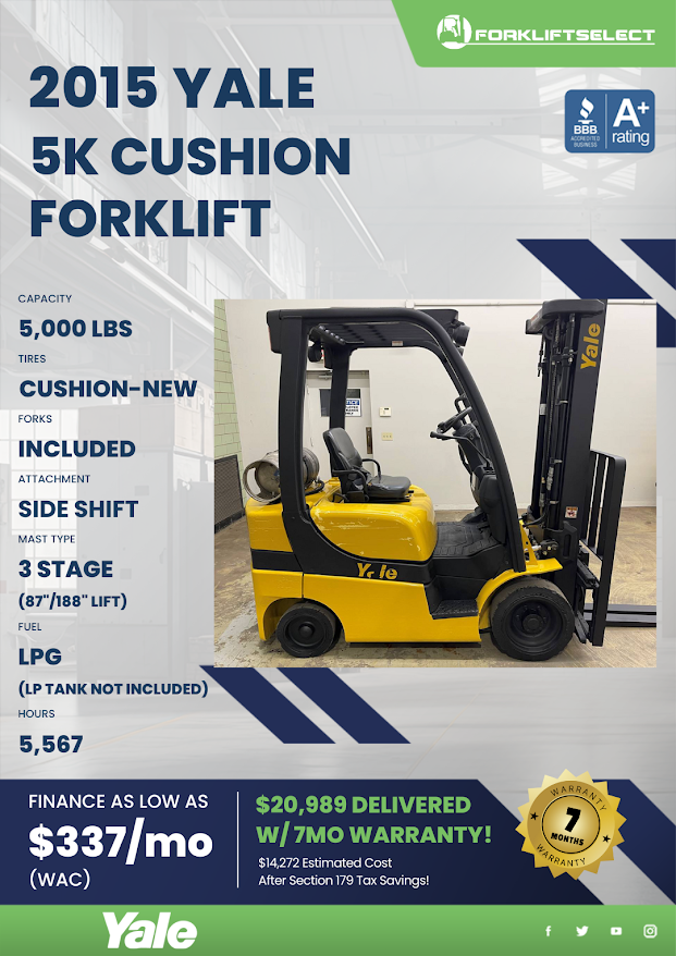 2015 YALE 5K CUSHION TIRE FORKLIFT