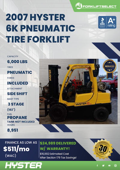 2007 HYSTER 6K PNEUMATIC TIRE FORKLIFT