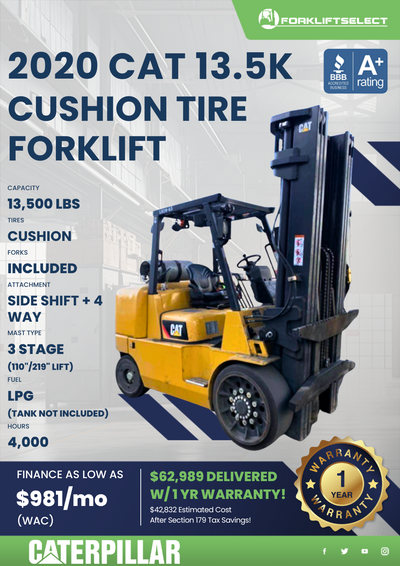2020 CAT 13.5K CUSHION TIRE FORKLIFT