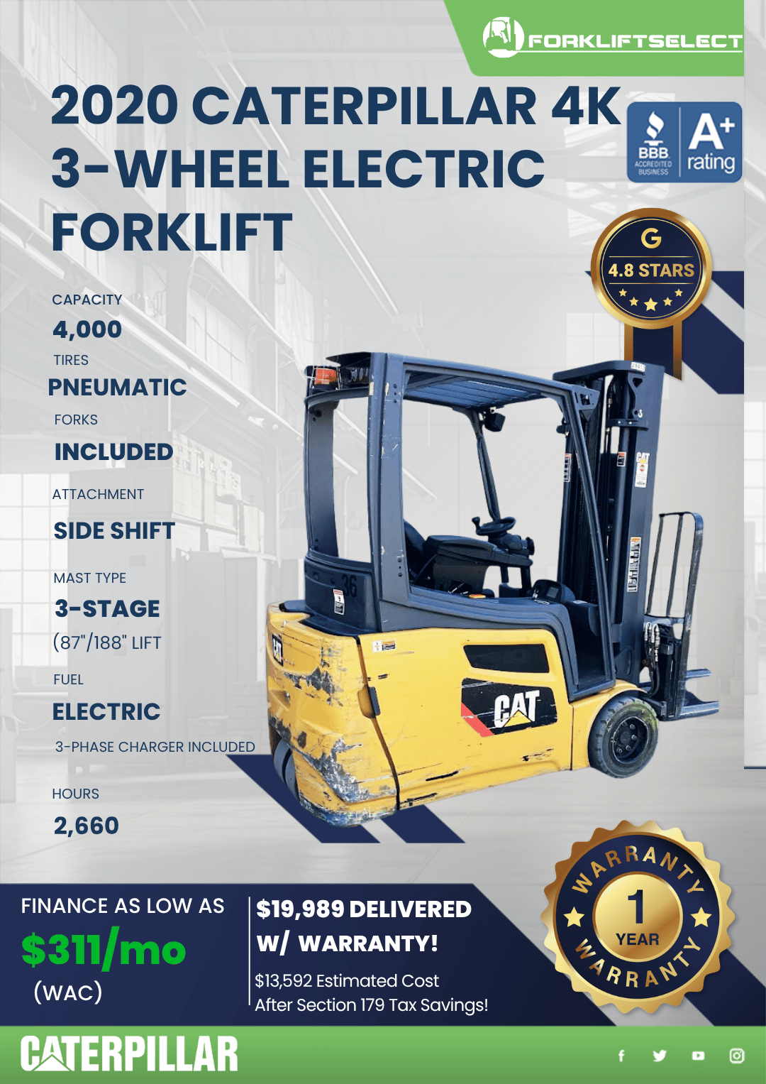 2020 CATERPILLAR 4K 3-WHEEL ELECTRIC FORKLIFT