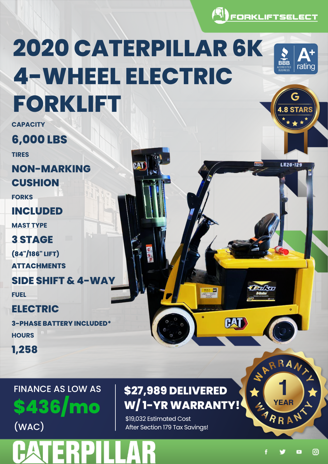 2020 CATERPILLAR 6K 4- WHEEL ELECTRIC FORKLIFT