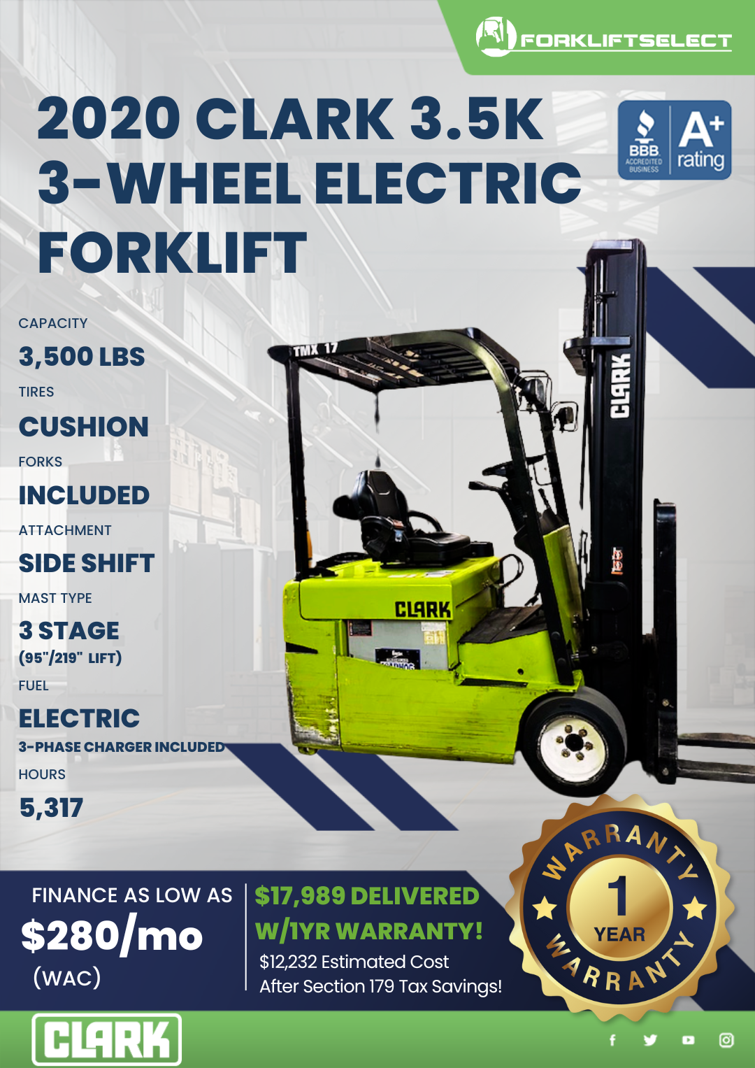 2020 CLARK 3.5K 3-WHEEL ELECTRIC FORKLIFT