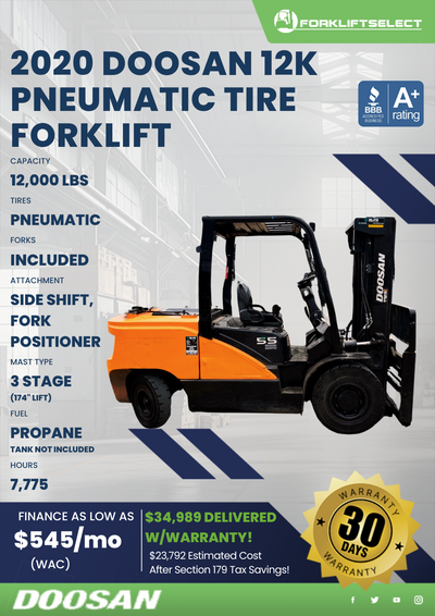 2020 DOOSAN 12K PNEUMATIC TIRE FORKLIFT