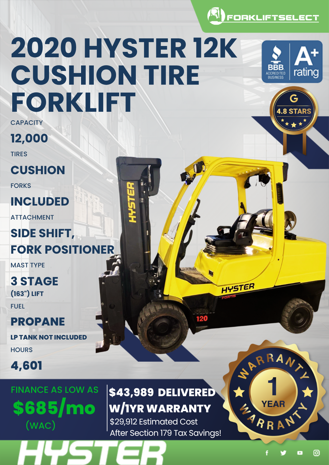 2020 HYSTER 12K CUSHION TIRE FORKLIFT