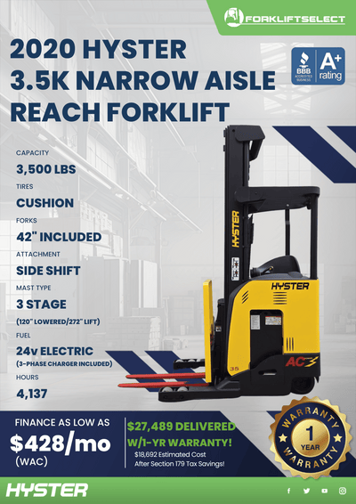 2020 HYSTER 3.5K NARROW AISLE REACH FORKLIFT