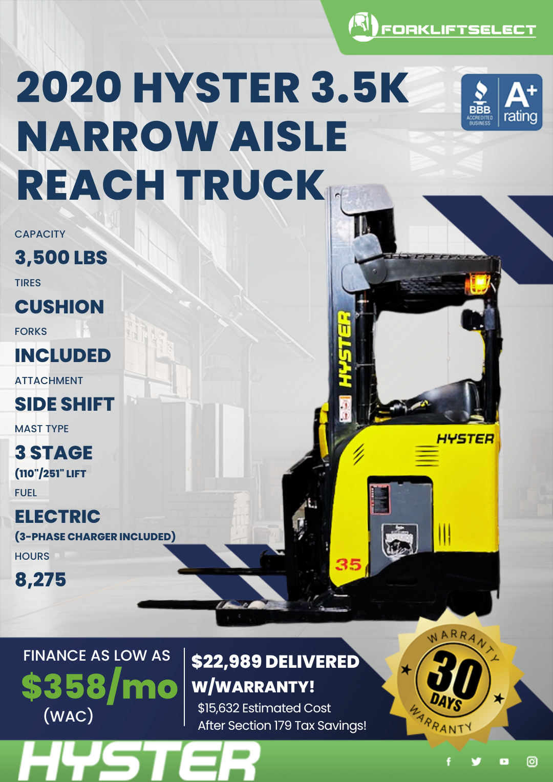 2020 HYSTER 3.5K NARROW AISLE REACH TRUCK