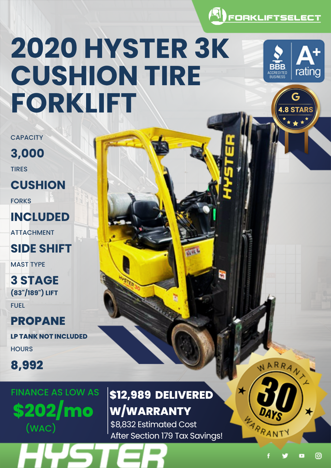 2020 HYSTER 3K CUSHION TIRE FORKLIFT
