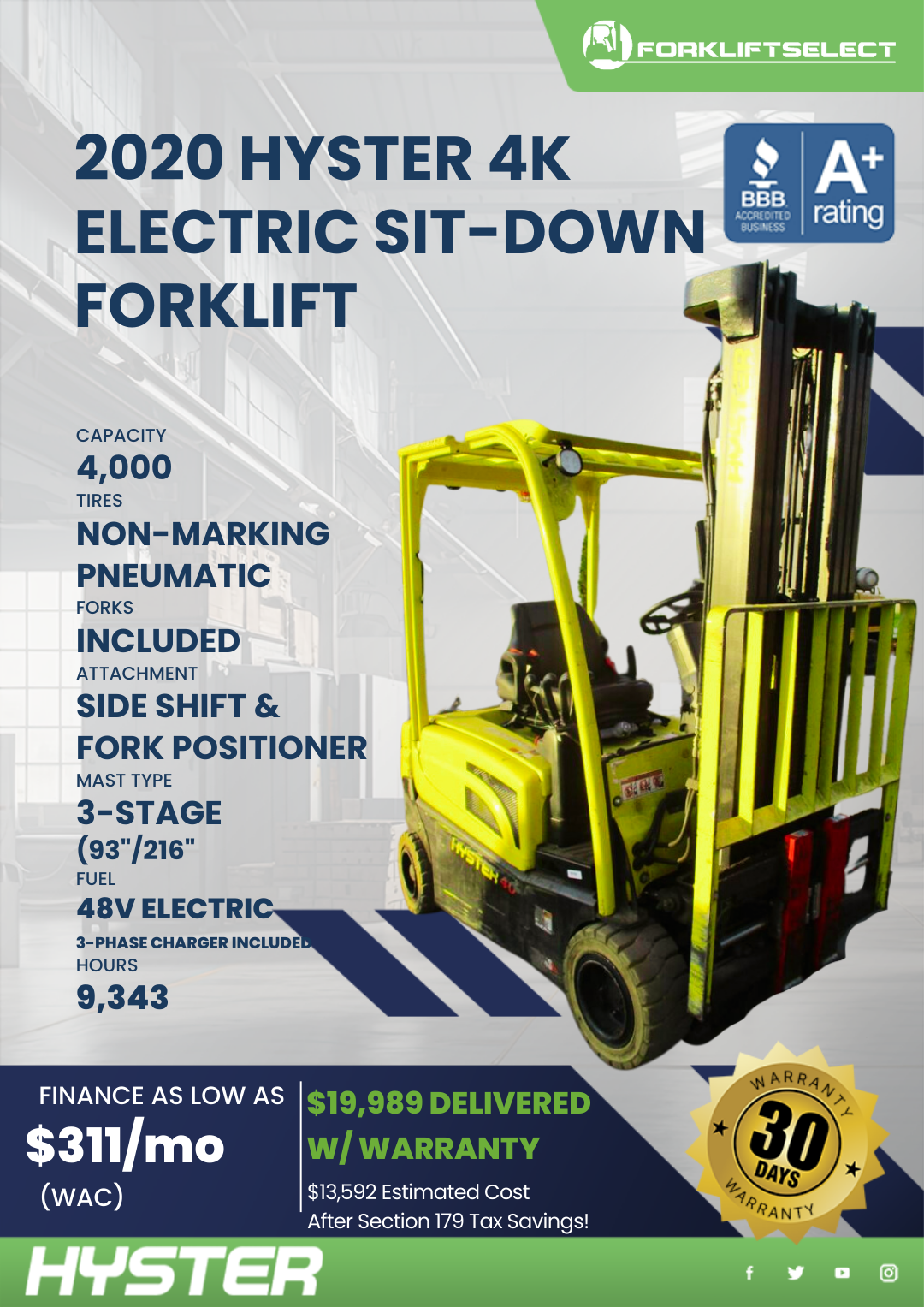 2020 HYSTER 4K ELECTRIC SIT-DOWN FORKLIFT