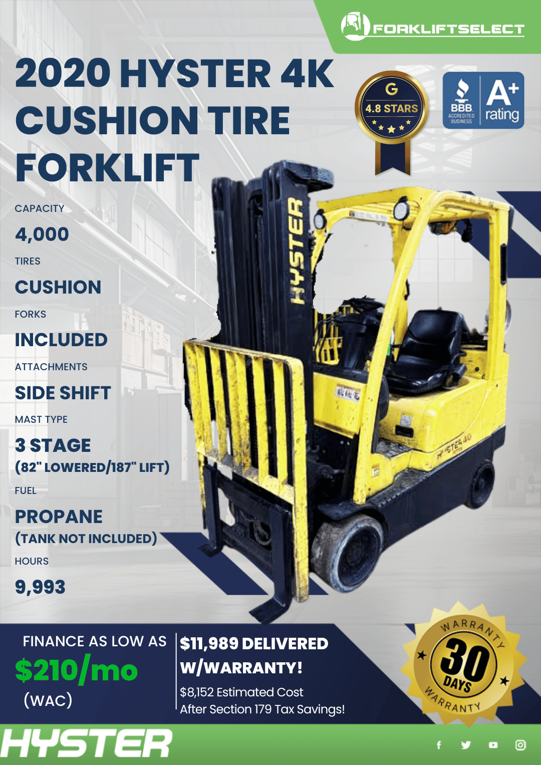 2020 HYSTER 4K CUSHION TIRE FORKLIFT