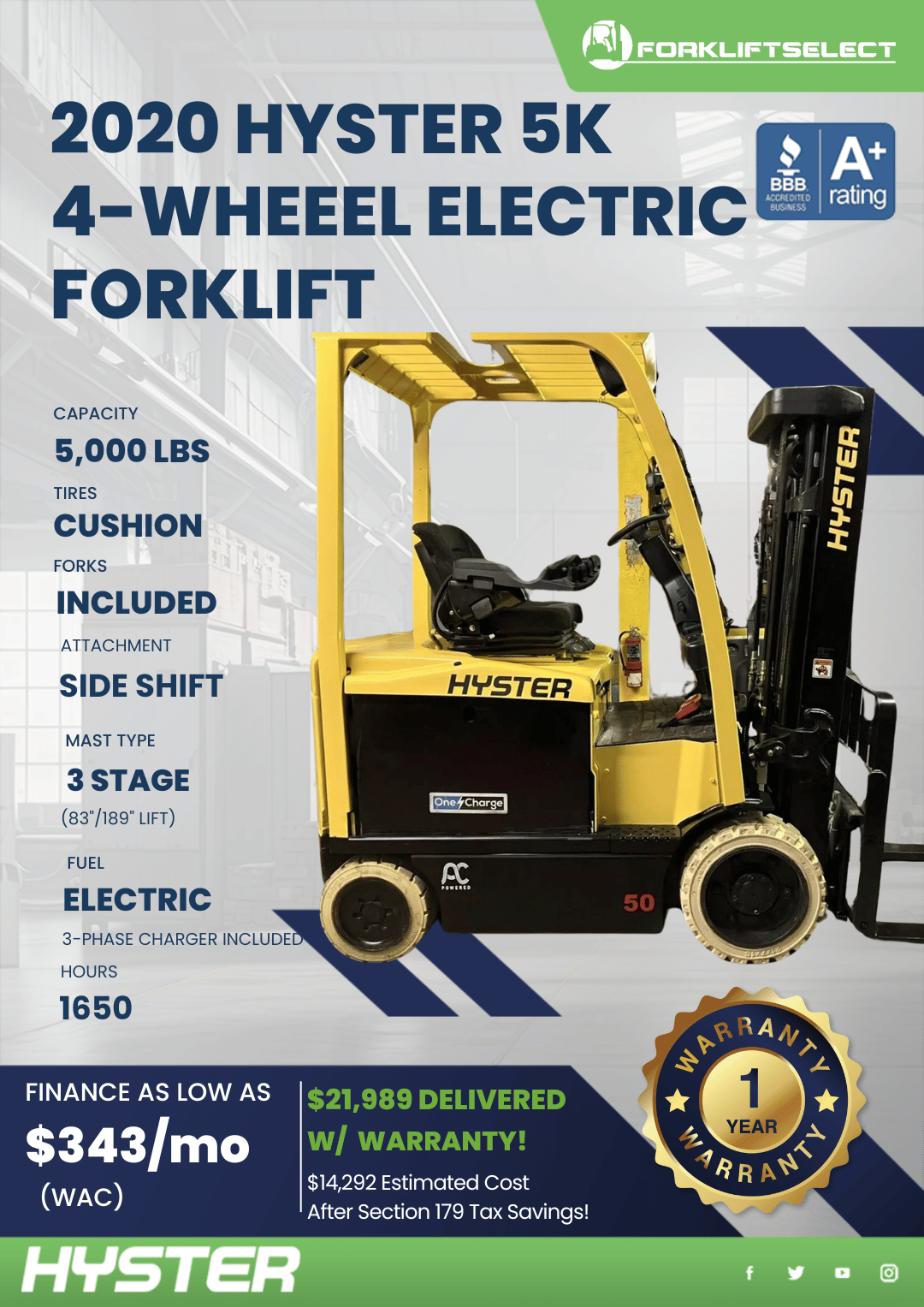 2020 HYSTER 5K 4-WHEEL ELECTRIC FORKLIFT