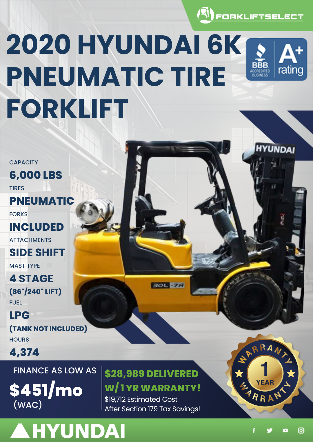 2020 HYUNDAI 6K PNEUMATIC TIRE FORKLIFT