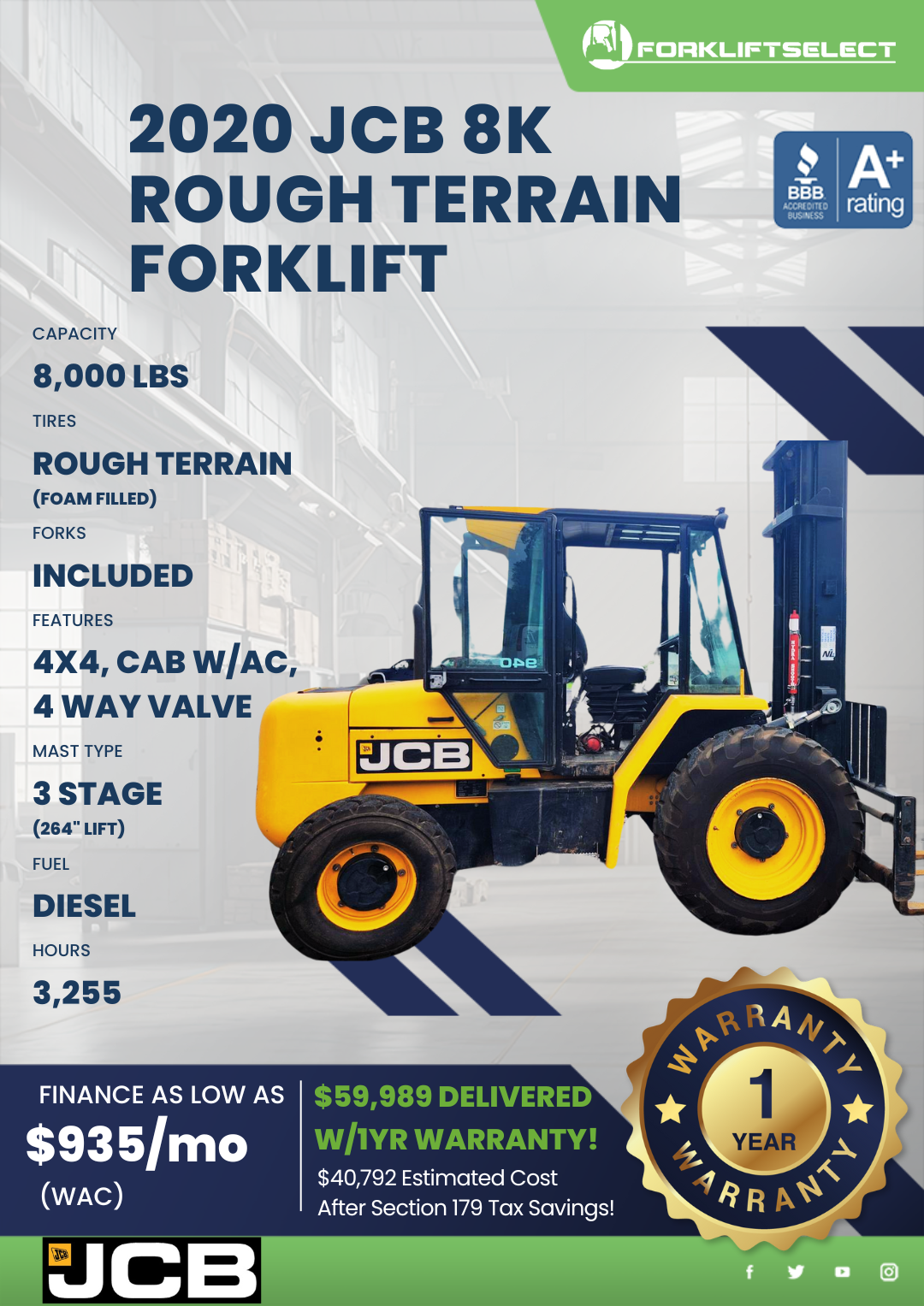 2020 JCB 8K ROUGH TERRAIN FORKLIFT