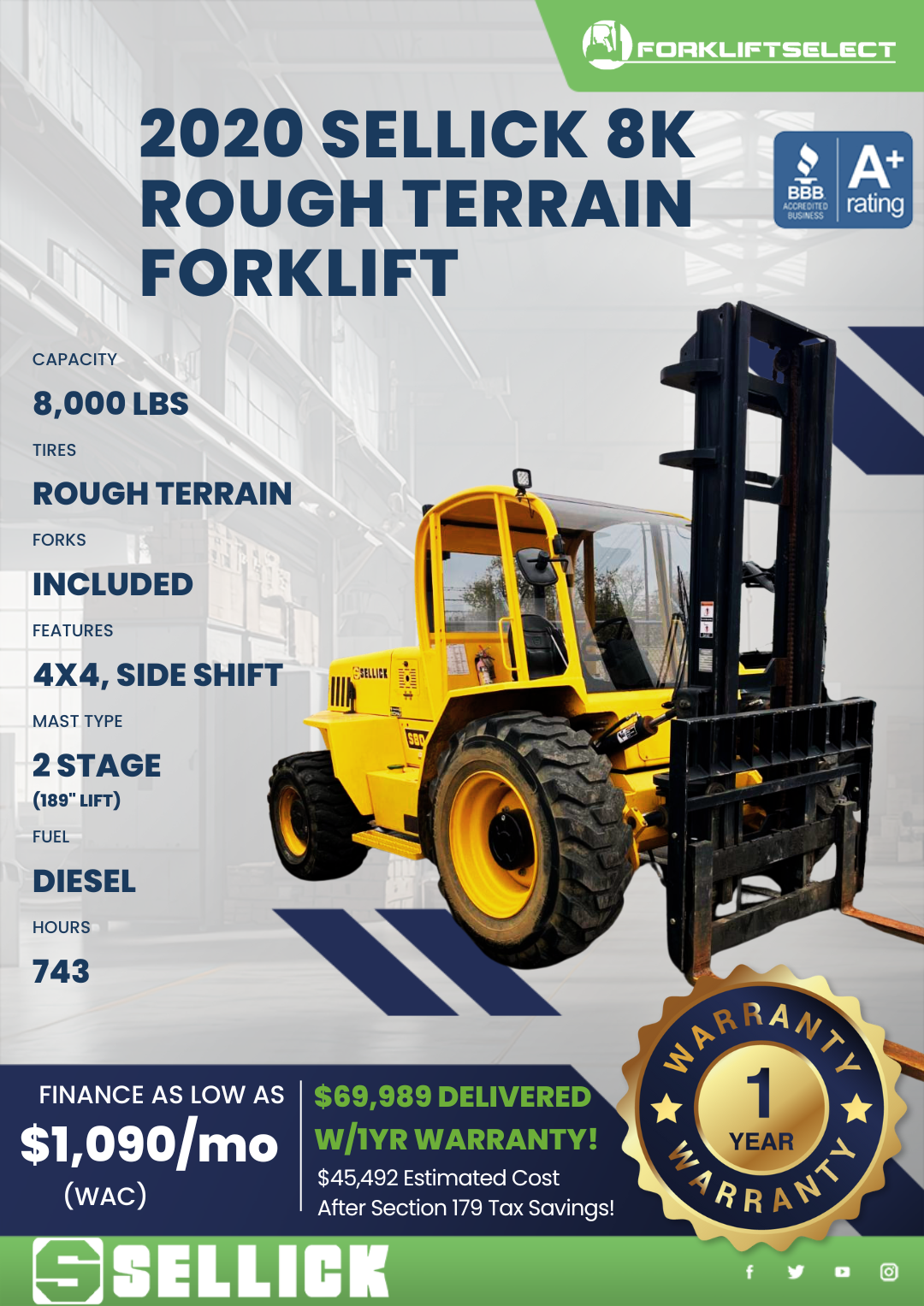 2020 SELLICK 8K ROUGH TERRAIN FORKLIFT