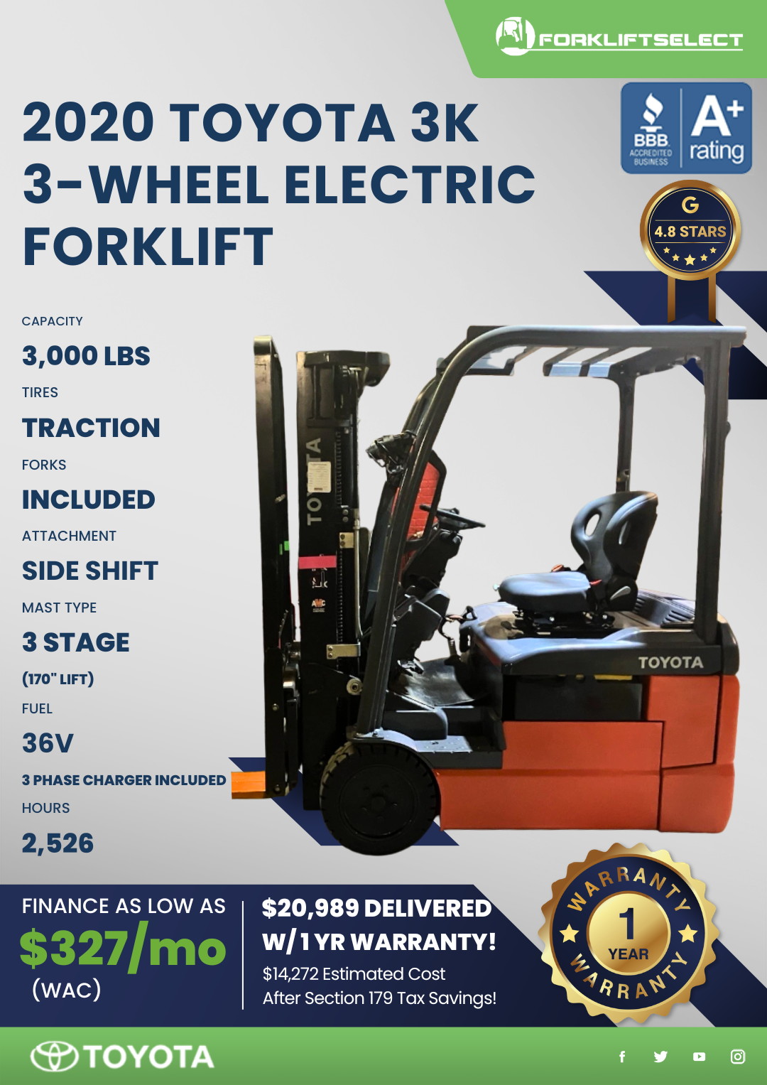 2020 TOYOTA 3K 3-WHEEL ELECTRIC FORKLIFT