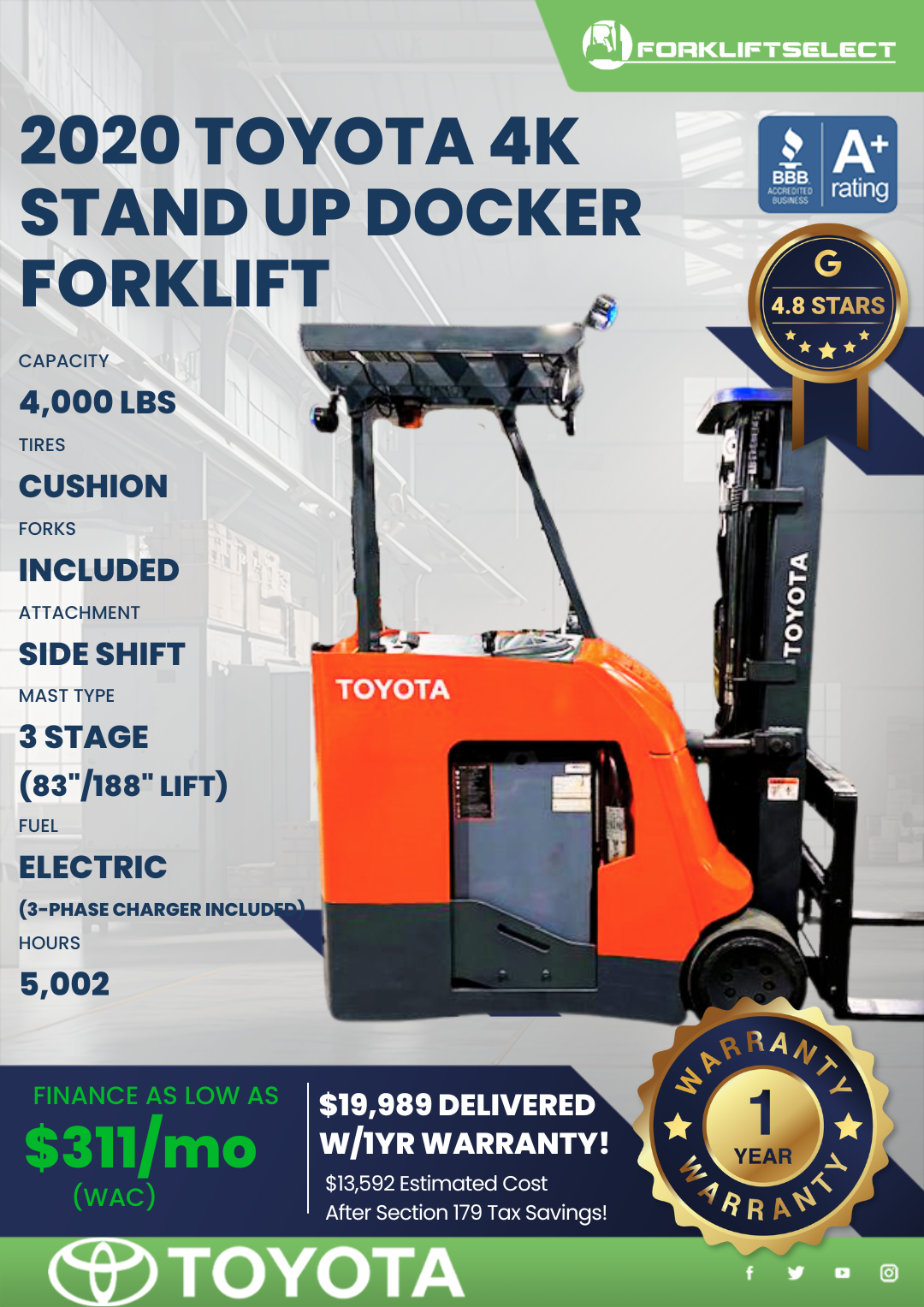 2020 TOYOTA 4K STAND UP DOCKER FORKLIFT