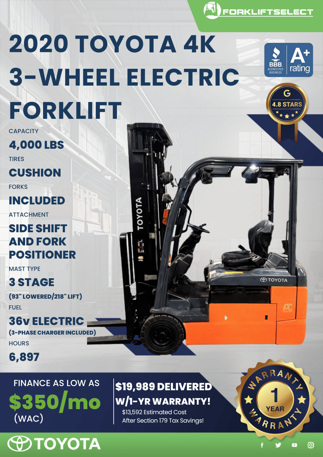 2020 TOYOTA 4K 3-WHEEL ELECTRIC FORKLIFT