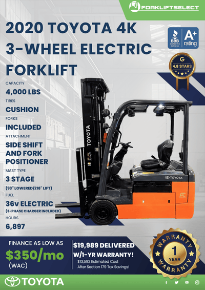 2020 TOYOTA 4K 3-WHEEL ELECTRIC FORKLIFT
