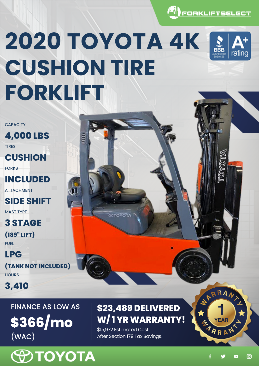 2020 TOYOTA 4K CUSHION TIRE FORKLIFT