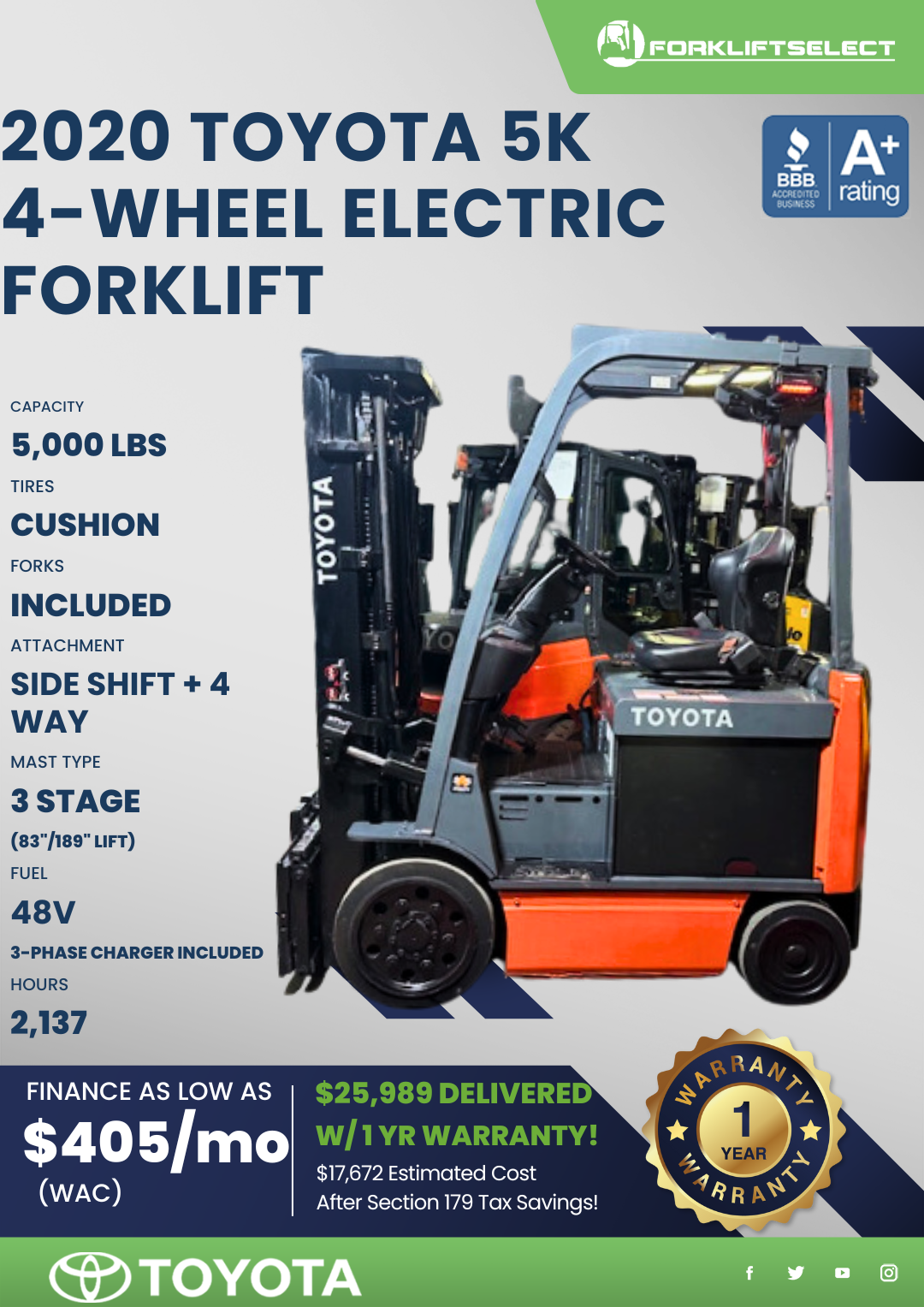 2020 TOYOTA 5K 4-WHEEL ELECTRIC FORKLIFT