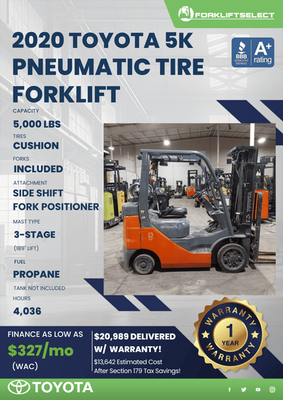 2020 TOYOTA 5K PNEUMATIC TIRE FORKLIFT