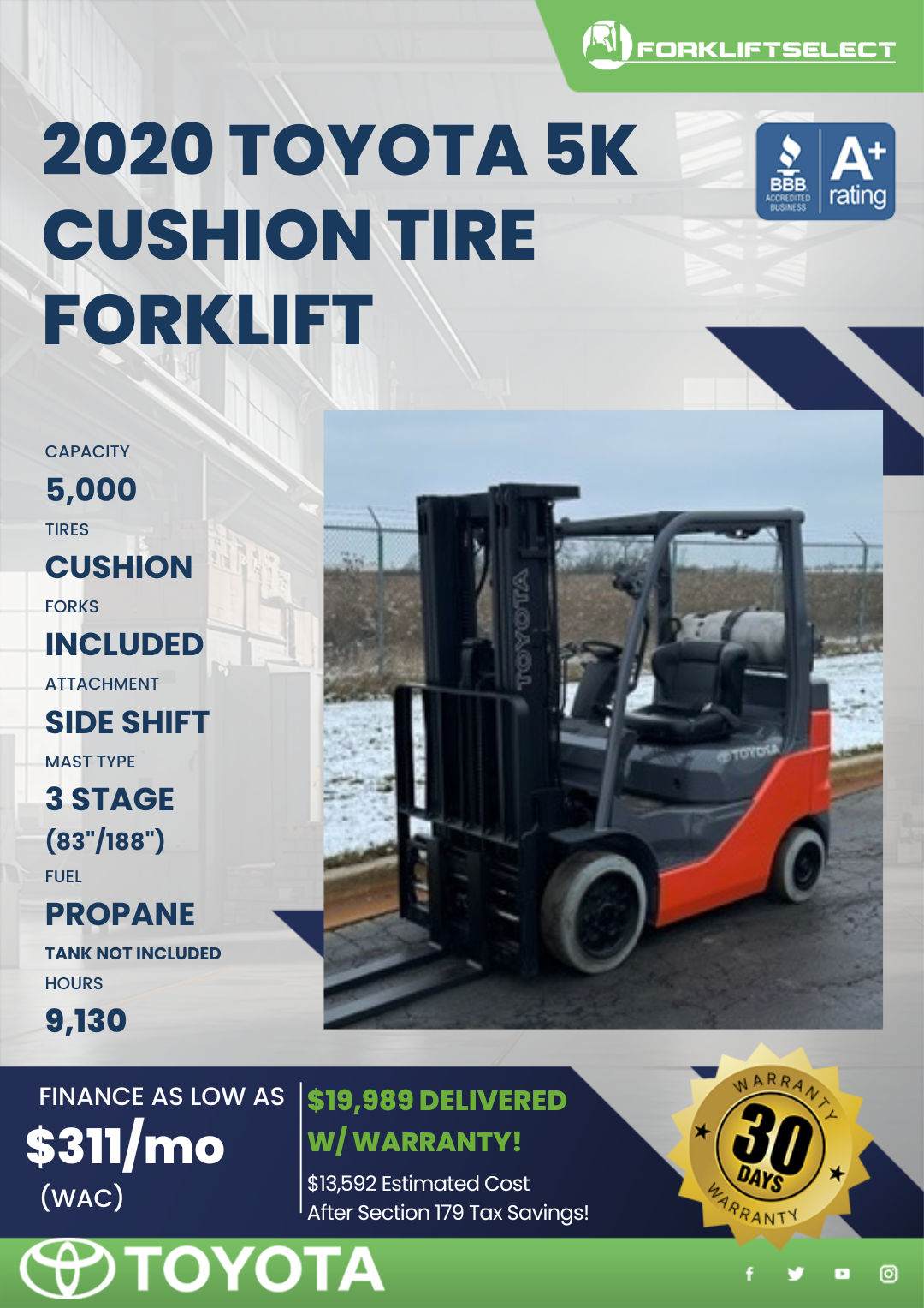 2020 TOYOTA 5K CUSHION TIRE FORKLIFT