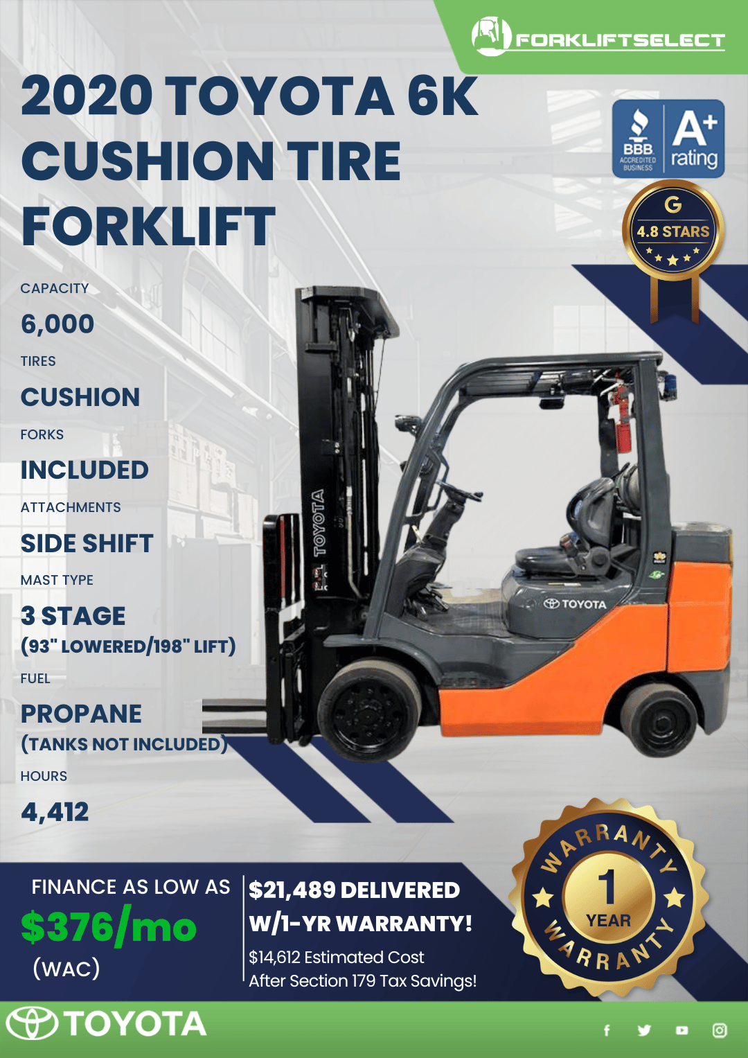 2020 TOYOTA 6K CUSHION TIRE FORKLIFT