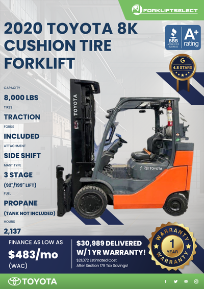 2020 TOYOTA 8K CUSHION TIRE FORKLIFT