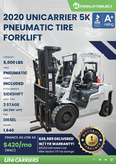 2020 UNICARRIER 5K PNEUMATIC TIRE FORKLIFT