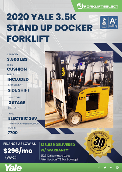 2020 YALE 3.5K STAND UP DOCKER FORKLIFT