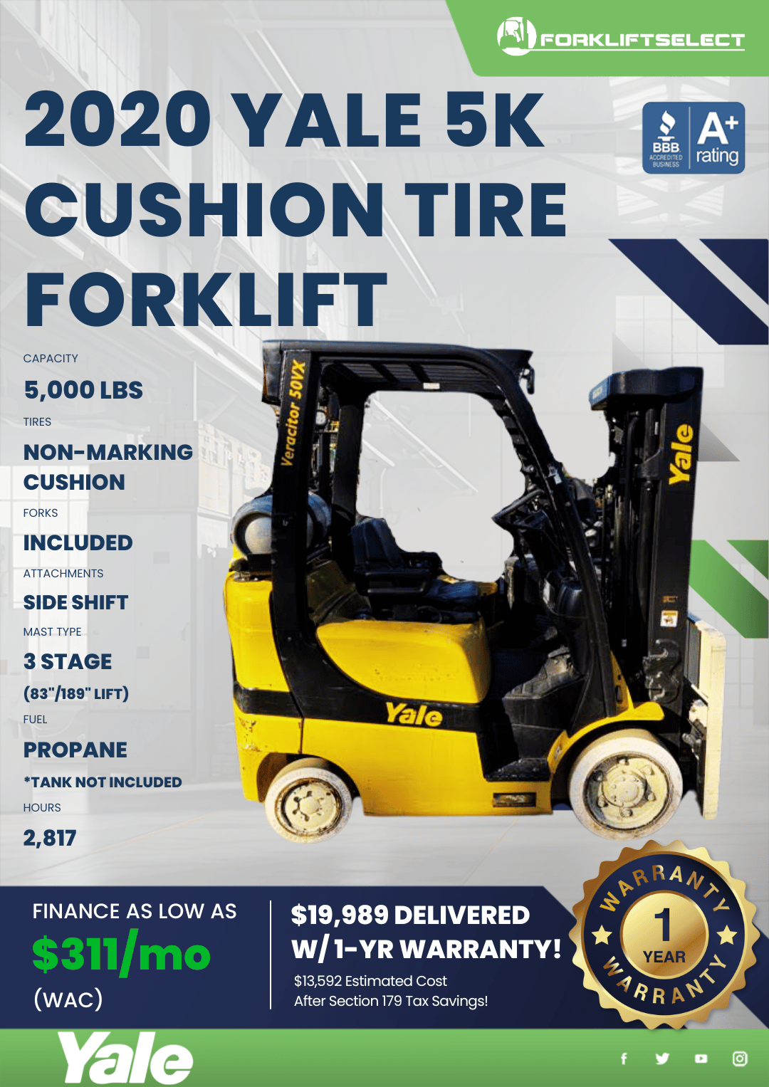2020 YALE 5K CUSHION TIRE FORKLIFT