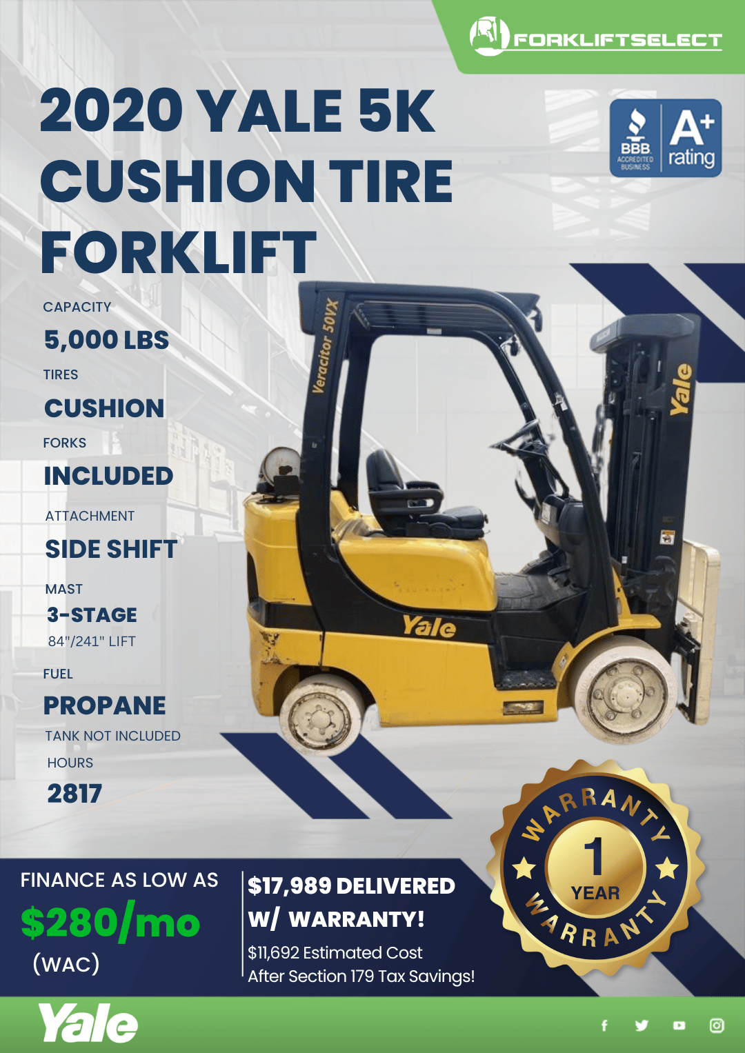 2020 YALE 5K CUSHION TIRE FORKLIFT