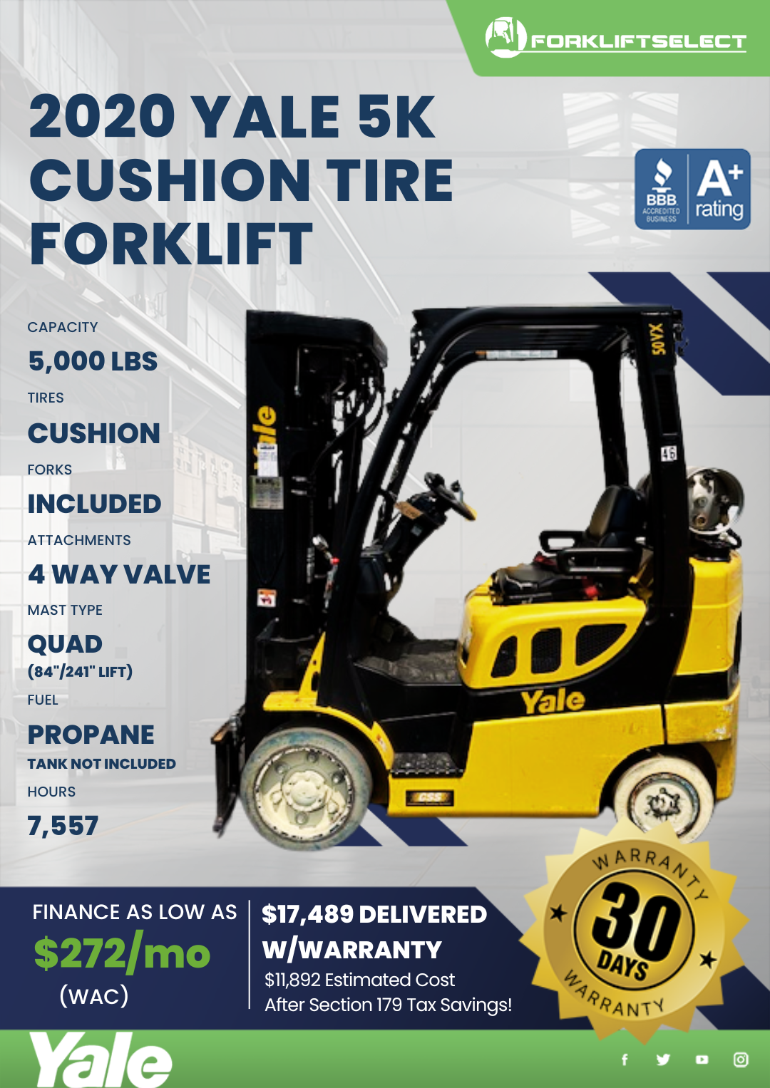 2020 YALE 5K CUSHION TIRE FORKLIFT