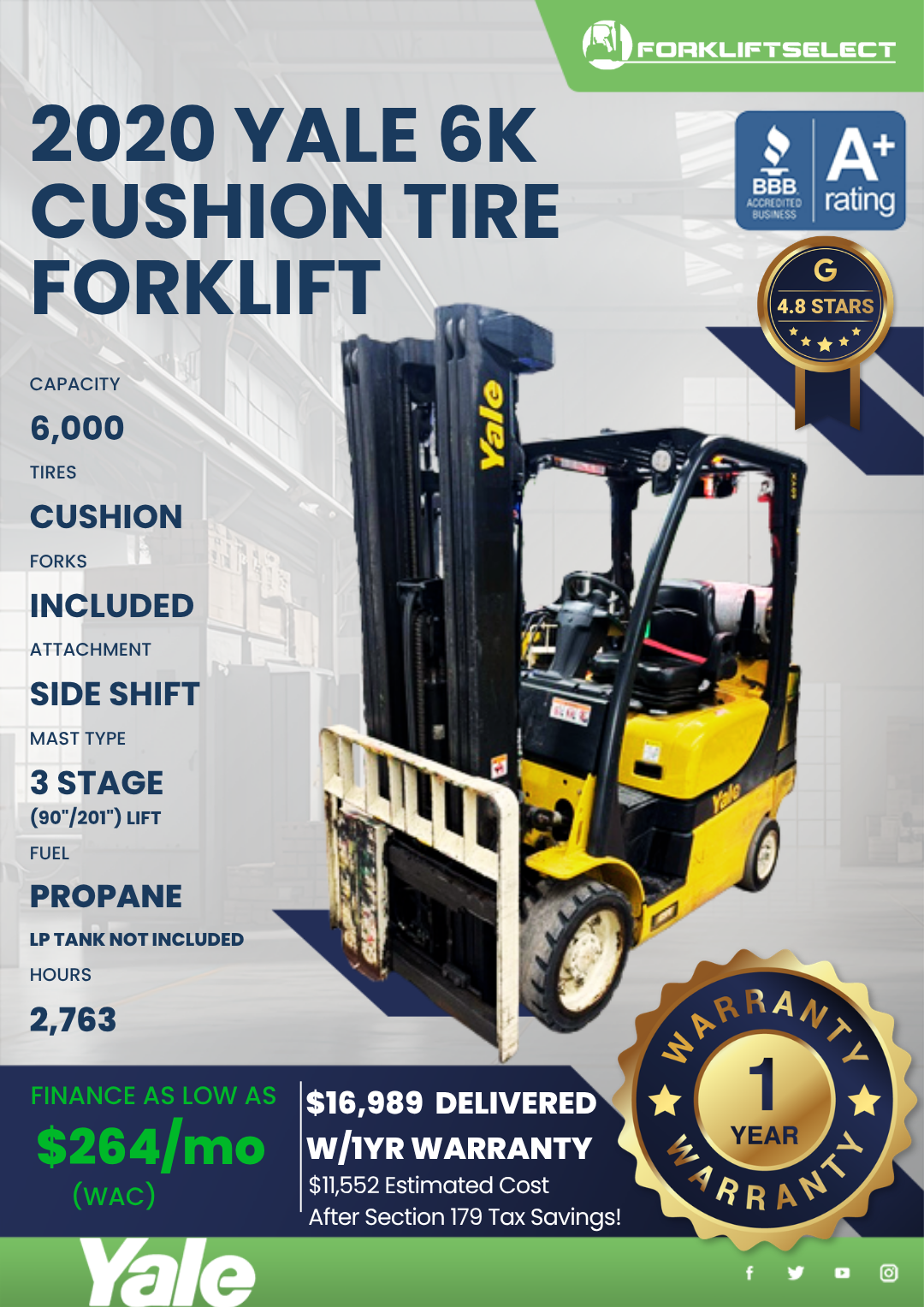 2020 YALE 6K CUSHION TIRE FORKLIFT
