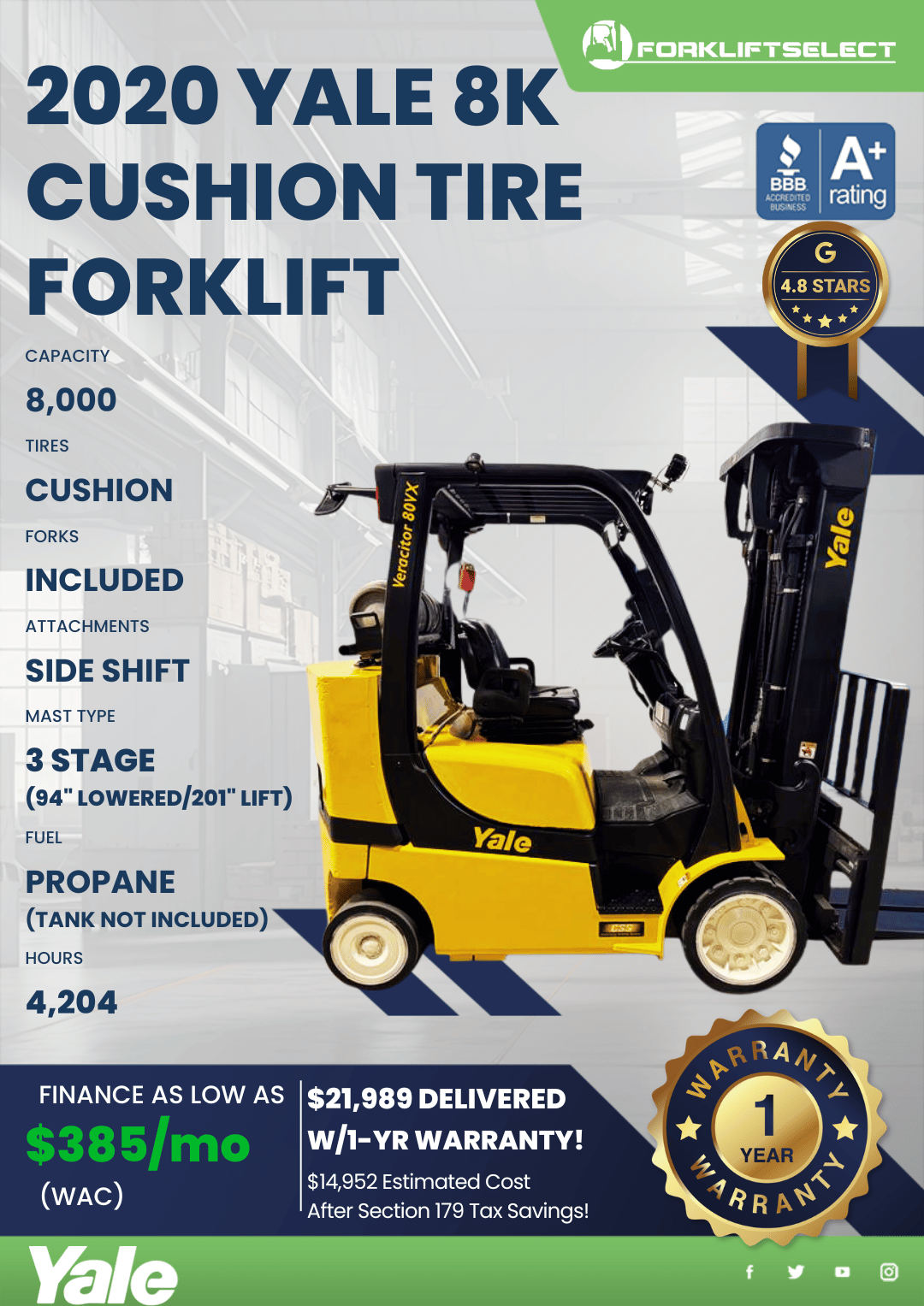 2020 YALE 8K CUSHION TIRE FORKLIFT